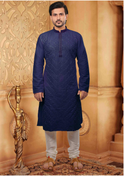 Denim Blue with White Color Silk Kurta Set